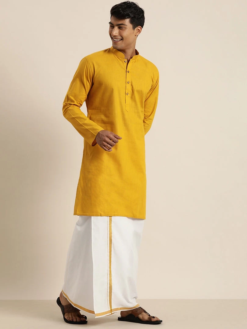 VASTRAMAY Men's Mustard Cotton Kurta And Mundu Set 5 VASTRAMAY Men's Mustard Cotton Kurta And Mundu Set