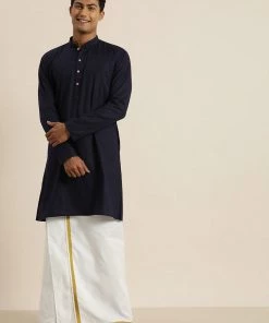 VASTRAMAY Men's Navy Blue Cotton Kurta And Mundu Set