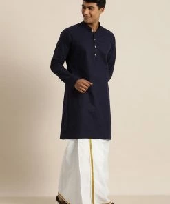 VASTRAMAY Men's Navy Blue Cotton Kurta And Mundu Set