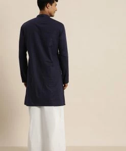 VASTRAMAY Men's Navy Blue Cotton Kurta And Mundu Set