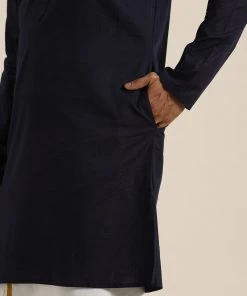 VASTRAMAY Men's Navy Blue Cotton Kurta And Mundu Set
