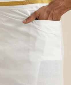 VASTRAMAY Men's Navy Blue Cotton Kurta And Mundu Set