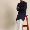 VASTRAMAY Men's Navy Blue Cotton Kurta And Mundu Set