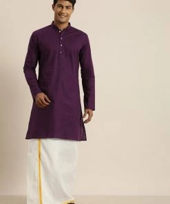 VASTRAMAY Men's Purple Cotton Kurta And Mundu Set