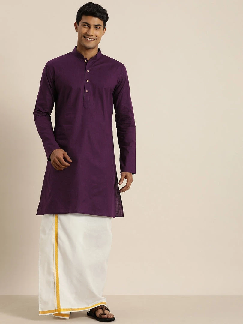 VASTRAMAY Men's Purple Cotton Kurta And Mundu Set 4 VASTRAMAY Men's Purple Cotton Kurta And Mundu Set