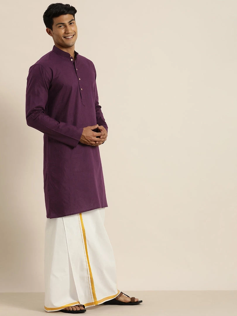 VASTRAMAY Men's Purple Cotton Kurta And Mundu Set 5 VASTRAMAY Men's Purple Cotton Kurta And Mundu Set