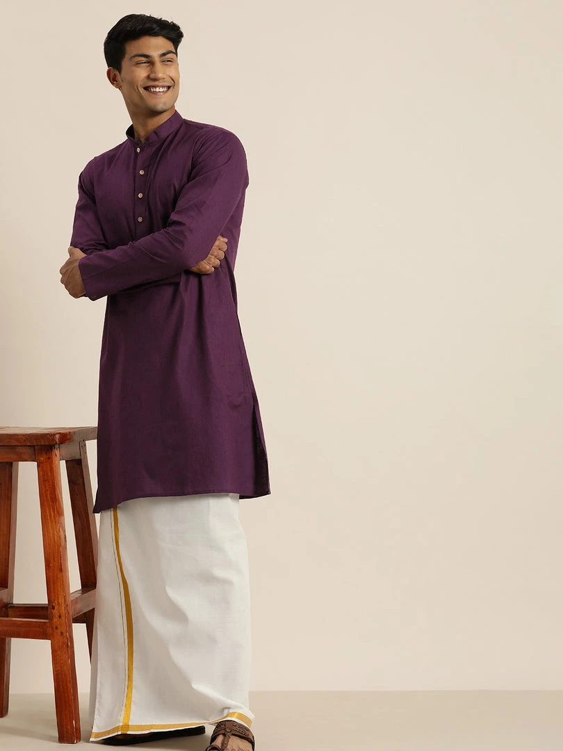 VASTRAMAY Men's Purple Cotton Kurta And Mundu Set 3 VASTRAMAY Men's Purple Cotton Kurta And Mundu Set
