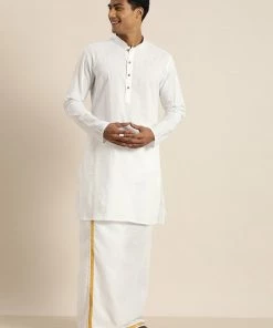 VASTRAMAY Men's White Cotton Kurta And Mundu Set