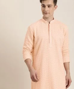 Vastramay Men's Pink Embroidered Chikankari Kurta Pyjama Set