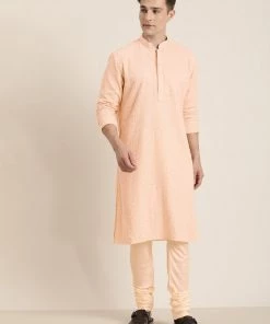 Vastramay Men's Pink Embroidered Chikankari Kurta Pyjama Set