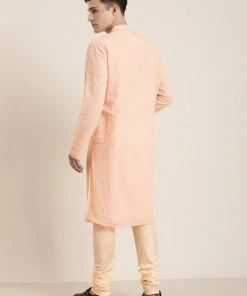 Vastramay Men's Pink Embroidered Chikankari Kurta Pyjama Set