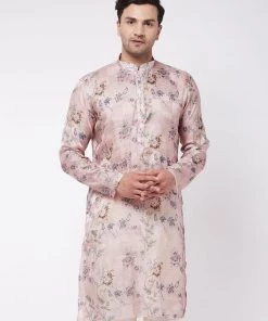 VASTRAMAY Men's Pink Floral Printed Silk Blend Kurta