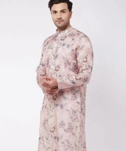 VASTRAMAY Men's Pink Floral Printed Silk Blend Kurta