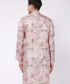 VASTRAMAY Men's Pink Floral Printed Silk Blend Kurta
