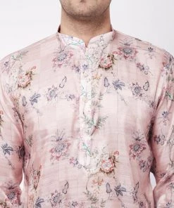VASTRAMAY Men's Pink Floral Printed Silk Blend Kurta