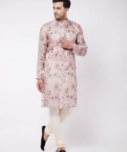 Kurta Sets VASTRAMAY Men's Pink Floral Printed Silk Blend Kurta Pyjama Set