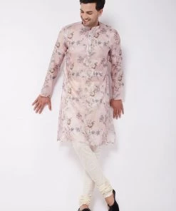 Kurta Sets VASTRAMAY Men's Pink Floral Printed Silk Blend Kurta Pyjama Set