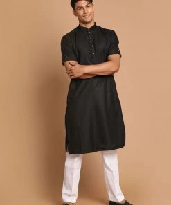 VASTRAMAY Men's Black Solid Kurta With White Pyjamas Kurta Sets