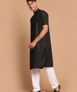 VASTRAMAY Men's Black Solid Kurta With White Pyjamas Kurta Sets