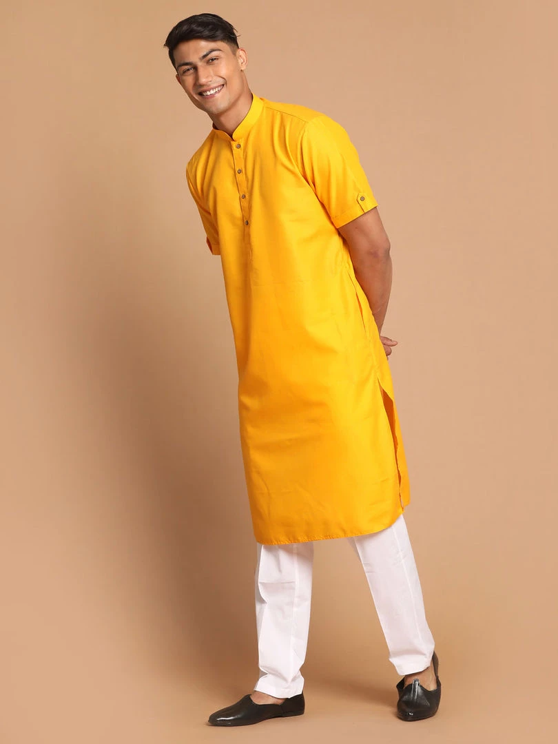 Kurta Sets VASTRAMAY Men's Mustard Kurta With White Pyjamas 4 Kurta Sets VASTRAMAY Men's Mustard Kurta With White Pyjamas