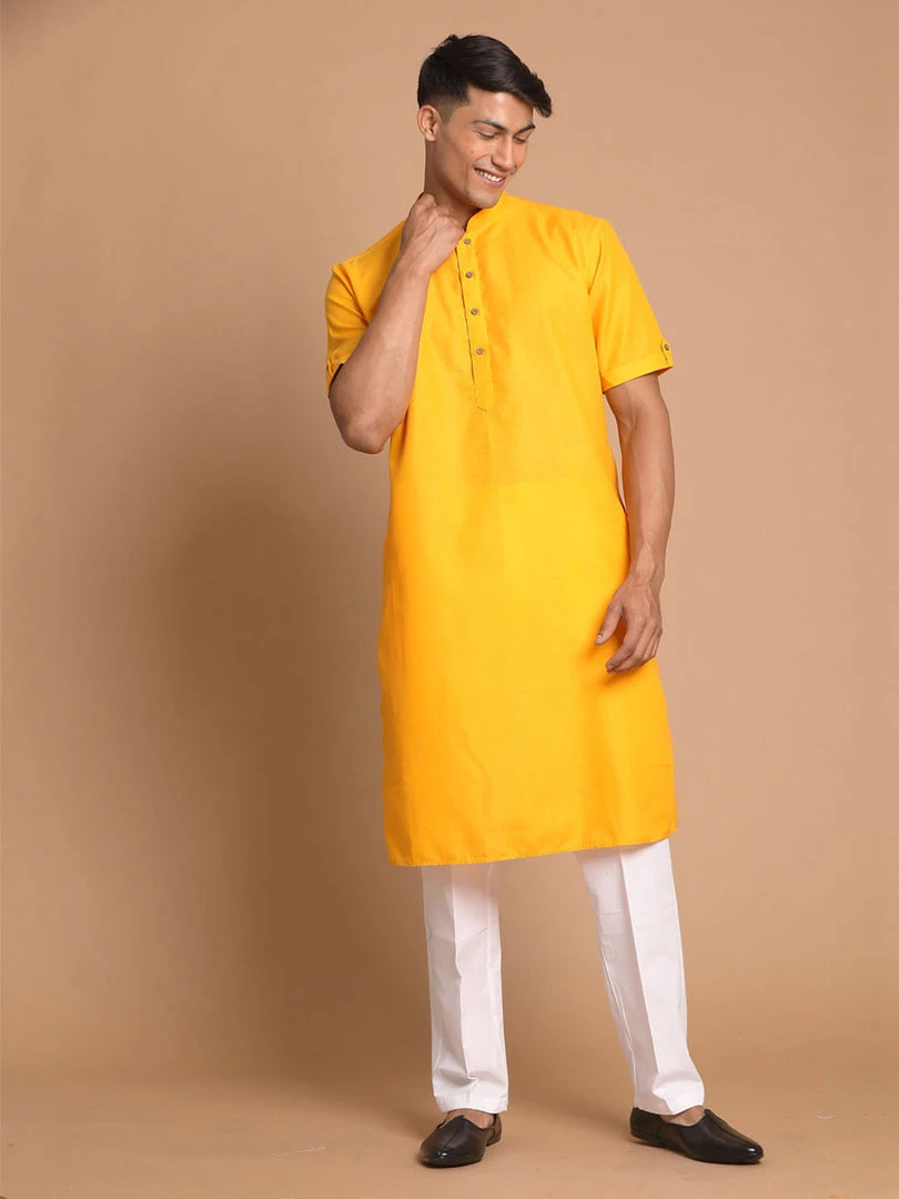 Kurta Sets VASTRAMAY Men's Mustard Kurta With White Pyjamas 8 Kurta Sets VASTRAMAY Men's Mustard Kurta With White Pyjamas