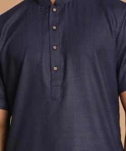 VASTRAMAY Men's Navy Blue Solid Kurta With White Pyjamas Kurta Sets