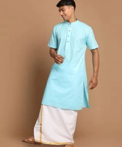 VASTRAMAY Men's Aqua Blue Cotton Kurta And Mundu Set
