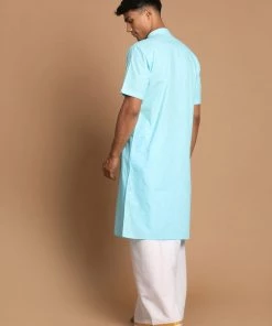 VASTRAMAY Men's Aqua Blue Cotton Kurta And Mundu Set