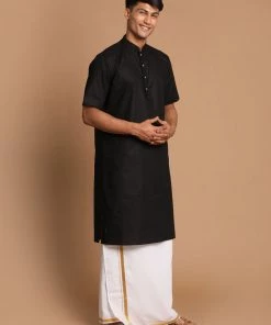 VASTRAMAY Men's Black Cotton Kurta And Mundu Set
