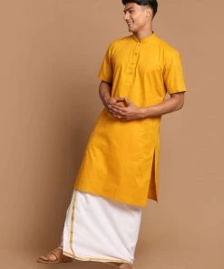 VASTRAMAY Men's Mustard Cotton Kurta And Mundu Set
