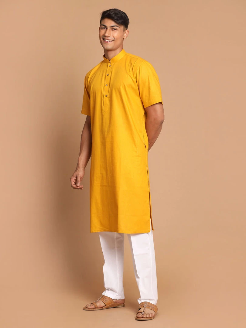 Vastramay Men's Mustard Solid Kurta With Pyjamas 4 Vastramay Men's Mustard Solid Kurta With Pyjamas