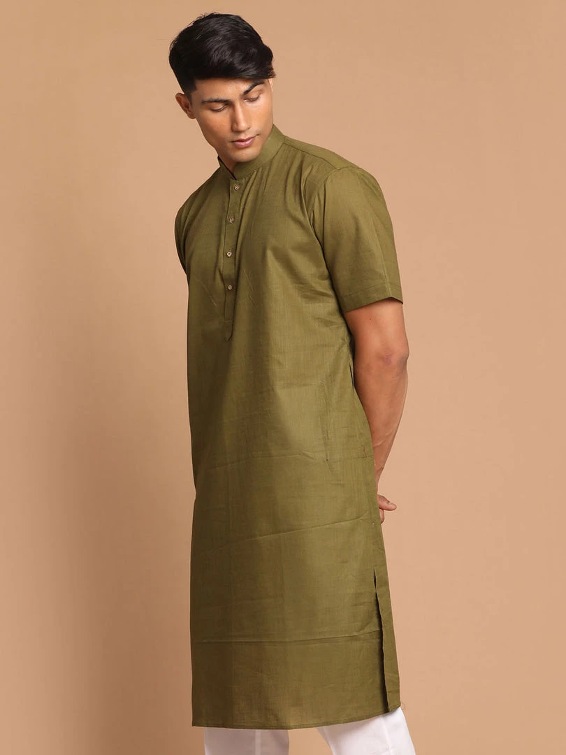 Kurta Sets VASTRAMAY Men's Olive Green Solid Kurta 4 Kurta Sets VASTRAMAY Men's Olive Green Solid Kurta