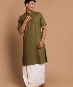 VASTRAMAY Men's Olive Green Cotton Kurta And Mundu Set