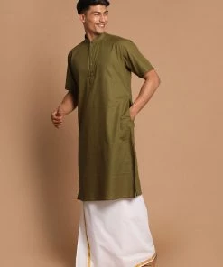 VASTRAMAY Men's Olive Green Cotton Kurta And Mundu Set