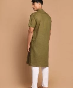 Kurta Sets VASTRAMAY Men's Olive Green Solid Kurta With Pyjamas