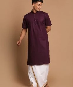 VASTRAMAY Men's Purpple Cotton Kurta And Mundu Set