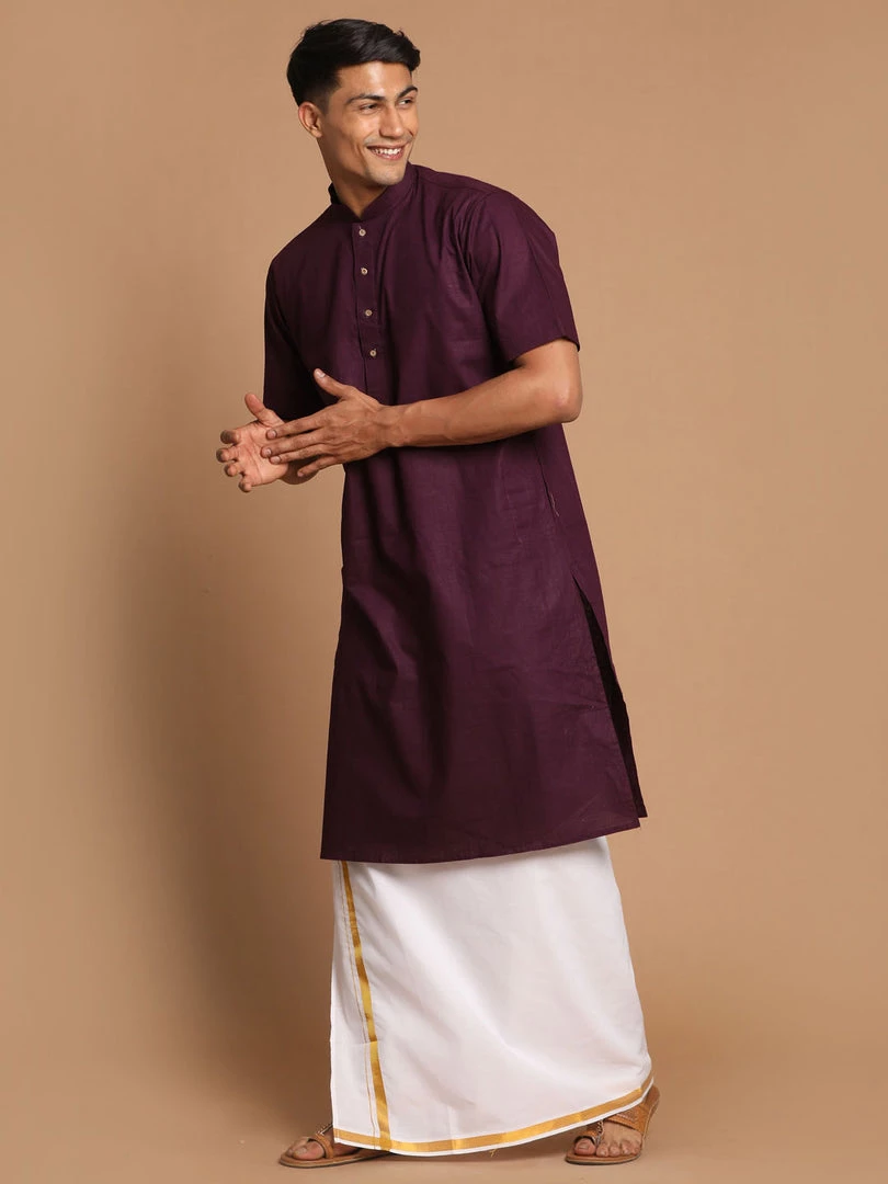 VASTRAMAY Men's Purpple Cotton Kurta And Mundu Set 4 VASTRAMAY Men's Purpple Cotton Kurta And Mundu Set