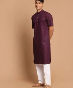 VASTRAMAY Men's Purple Solid Kurta With Pyjamas Kurta Sets