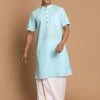 VASTRAMAY Men's Aqua Blue Cotton Kurta And Mundu Set
