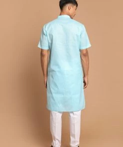 VASTRAMAY Men's Blue Solid Kurta With White Pyjamas Kurta Sets