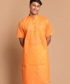 Kurta Sets VASTRAMAY Men's Orange Cotton Blend Solid Kurta