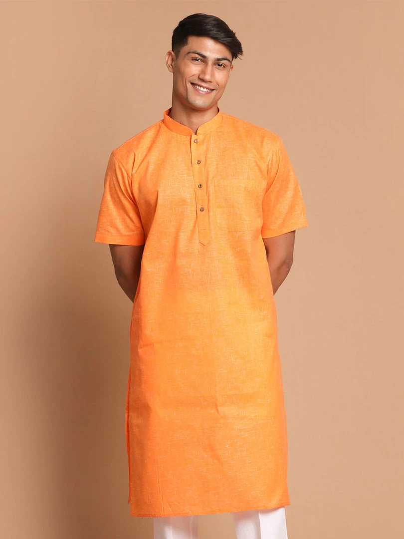 Kurta Sets VASTRAMAY Men's Orange Cotton Blend Solid Kurta 3 Kurta Sets VASTRAMAY Men's Orange Cotton Blend Solid Kurta