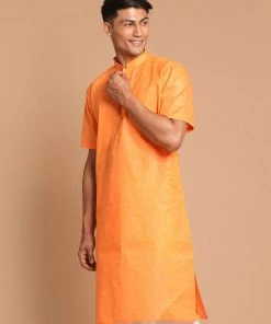 Kurta Sets VASTRAMAY Men's Orange Cotton Blend Solid Kurta