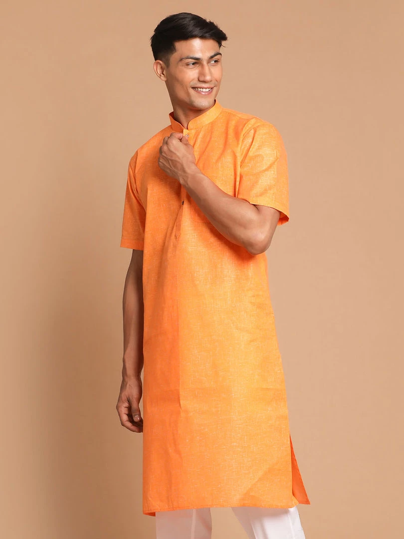 Kurta Sets VASTRAMAY Men's Orange Cotton Blend Solid Kurta 4 Kurta Sets VASTRAMAY Men's Orange Cotton Blend Solid Kurta
