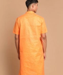 Kurta Sets VASTRAMAY Men's Orange Cotton Blend Solid Kurta 10 Kurta Sets VASTRAMAY Men's Orange Cotton Blend Solid Kurta