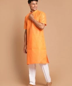 VASTRAMAY Men's Orange Solid Kurta With White Pyjamas