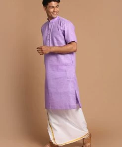 VASTRAMAY Men's Purple Cotton Kurta And Mundu Set