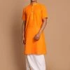 VASTRAMAY Men's Orange Striped Cotton Kurta And Mundu Set