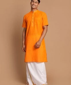 VASTRAMAY Men's Orange Striped Cotton Kurta And Mundu Set
