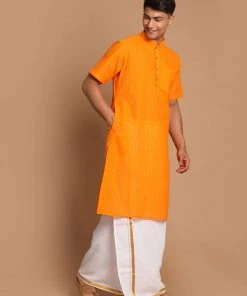 VASTRAMAY Men's Orange Striped Cotton Kurta And Mundu Set